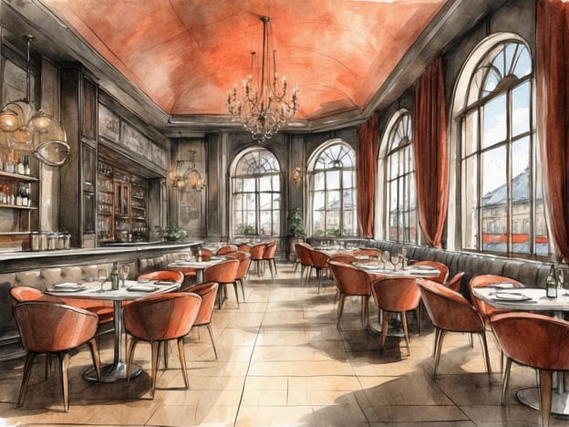 Auf dem Bild ist ein elegantes Restaurant zu sehen, das durch seine stilvolle Einrichtung und die große Fensterfront besticht. Die rot gefärbtenWände und die geschmackvollen Möbel schaffen eine gemütliche und einladende Atmosphäre. Die Tische sind sorgfältig gedeckt, was auf kulinarische Erlebnisse hindeutet, die hier genossen werden können. Man könnte sich vorstellen, dass feine Speisen und erlesene Weine angeboten werden, und dass es sich um einen Ort für besondere Anlässe oder gehobenes Essen handelt. Die Fenster lassen viel Tageslicht herein und bieten einen Blick auf die Umgebung, was das Erlebnis zusätzlich bereichert.