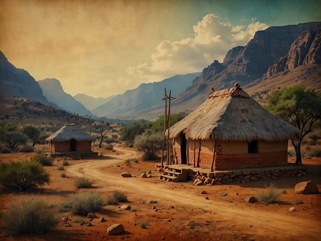 Auf dem Bild sind traditionelle runde Hütten zu sehen, die oft in der Kultur der Basotho anzutreffen sind. Diese Hütten, auch als "mokhoro" bekannt, sind mit Stroh oder Gras gedeckt und zeichnen sich durch ihre spezifische Bauweise aus, die an das Klima und die Lebensweise der Basotho angepasst ist. 

Die Basotho leben hauptsächlich in Lesotho und betonen Gemeinschaft und Familie. Die Anordnung der Hütten in einer typischen Siedlung spiegelt den Zusammenhalt dieser Gemeinschaft wider, wobei sie oft um einen Gemeinschaftsplatz gruppiert sind, wo soziale Aktivitäten und Versammlungen stattfinden. 

Die Landschaft im Hintergrund, mit den charakteristischen Bergen und der trockenen Umgebung, ist ebenfalls typisch für die Region. Die Bedeutung von Natur und Landwirtschaft spielt eine zentrale Rolle im Leben der Basotho, und ihre traditionell angebaute Ernährung umfasst hauptsächlich Mais und Kartoffeln. 

Insgesamt vermittelt das Bild ein Gefühl für die traditionelle Lebensweise und die kulturellen Werte der Basotho, die stark mit ihrer Umgebung und Gemeinschaftsstrukturen verbunden sind.