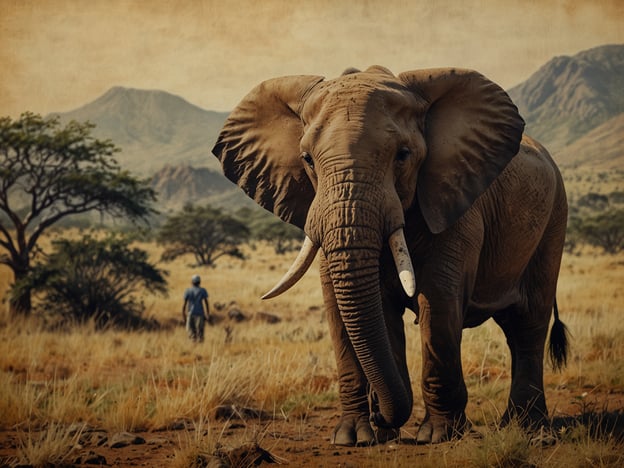 Auf dem Bild ist ein majestätischer Elefant in einer offenen, grasbewachsenen Landschaft zu sehen, die möglicherweise zu einer afrikanischen Savanne gehört. Im Hintergrund sind sanfte Hügel und Bäume zu erkennen. Ein Mensch ist in der Nähe des Elefanten zu sehen, der sich langsam in Richtung des Tieres bewegt. 

Swasiland, offiziell bekannt als Eswatini, ist ein kleines Königreich im südlichen Afrika, das für seine abwechslungsreiche Tierwelt und atemberaubende Landschaften bekannt ist. Elefanten sind wichtige Bestandteile der afrikanischen Fauna, und ihr Schutz ist in vielen Regionen, einschließlich Eswatini, von großer Bedeutung.