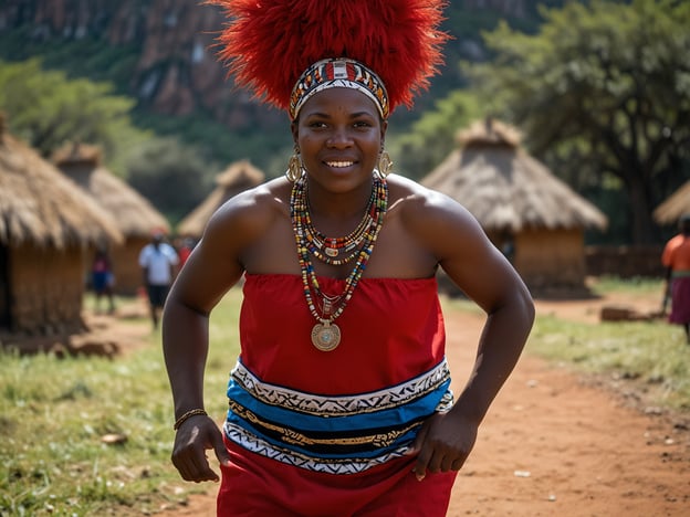 Auf dem Bild ist eine Frau in traditioneller Kleidung zu sehen, die typisch für die Kultur von Swasiland ist. Ihre farbenfrohe Tracht und das auffällige Kopfschmuck spiegeln die reichen kulturellen Traditionen des Landes wider. 

Touristische Aspekte von Swasiland sind zum Beispiel:

1. **Kulturelle Dörfer**: Besucher können traditionelle Dörfer erkunden, in denen Kunsthandwerk und Bräuche der Einheimischen präsentiert werden.

2. **Feste und Tänze**: Veranstaltungen wie das Umhlanga (Reed Dance) bieten einen faszinierenden Einblick in die lokalen Traditionen und Bräuche.

3. **Natur und Landschaft**: Swasiland ist bekannt für seine beeindruckende Natur, von Bergen bis hin zu savannenartigen Landschaften, die ideal für Wanderungen und Tierbeobachtungen sind.

4. **Kunst- und Handwerksmärkte**: In verschiedenen Städten können Touristen handgefertigte Waren kaufen und die lokale Kultur noch besser kennenlernen.

Die dargestellte Frau könnte also Teil eines kulturellen Erlebnisses sein, das Touristen die Möglichkeit bietet, die lebendige Kultur und die Traditionen Swasilands hautnah zu erleben.