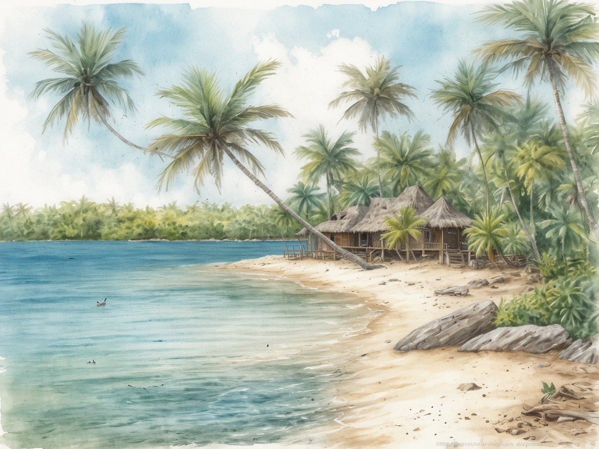 Eine idyllische Strandlandschaft mit klarem, türkisfarbenem Wasser und feinem, sandigem Strand. Im Vordergrund sind einige große Steine und Palmen zu sehen, während eine kleine Holzhütte mit strohgedecktem Dach am Ufer steht. Im Hintergrund erstreckt sich eine üppige grüne Vegetation, die den Strand umgibt. Der Himmel ist hellblau mit sanften Wolken, was das friedliche und einladende Ambiente des Half Moon Caye Natural Monuments unterstreicht.