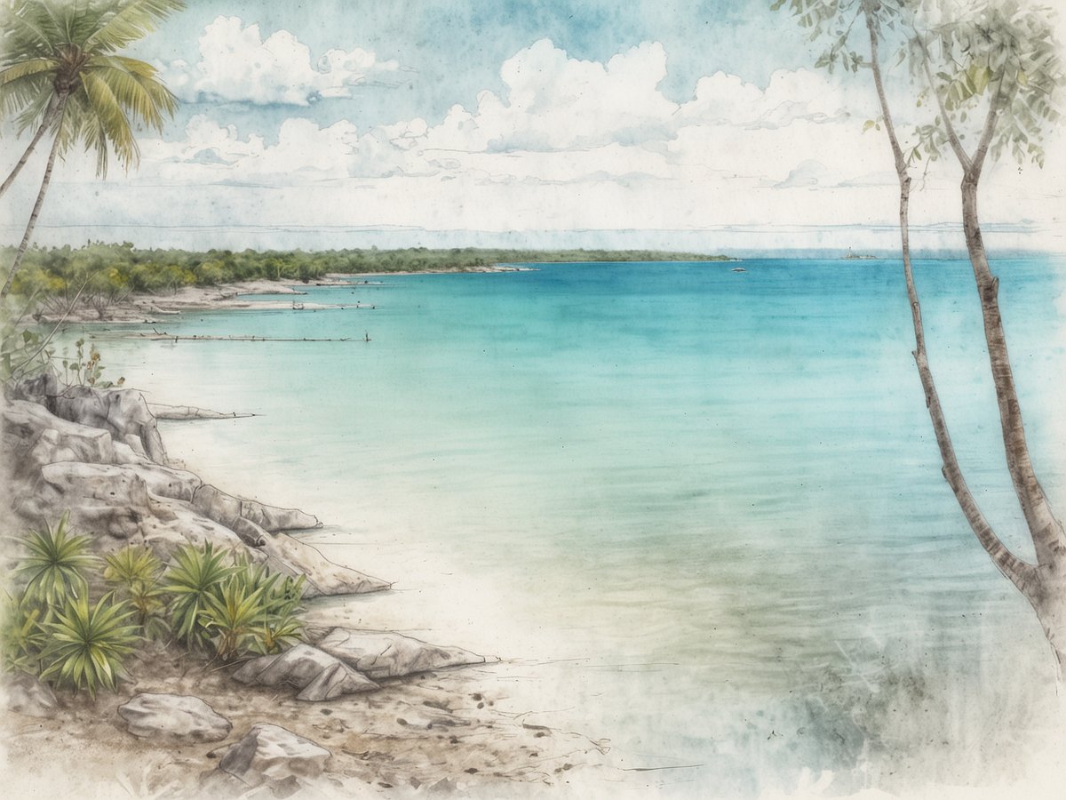Eine malerische Küstenlandschaft im Bacalar Chico Nationalpark und Meeresreservat, die unberührte Strände und üppige Mangroven zeigt. Sanfte Wellen plätschern gegen die grauen Felsen, während grüne Pflanzen und Palmen die Uferlinie säumen. Im Hintergrund sind ruhige Gewässer in strahlendem Türkis und der klare Himmel mit einigen weißen Wolken zu sehen. Der Anblick vermittelt eine friedliche und naturnahe Atmosphäre, ideal zum Erkunden der vielfältigen Küstenlandschaften.