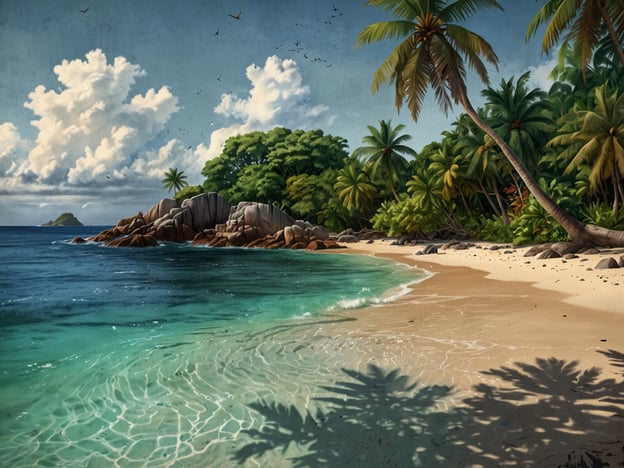 Das Bild zeigt eine idyllische Strandlandschaft, die typisch für die Seychellen ist. Die Seychellen sind ein traumhaftes Archipel im Indischen Ozean, bekannt für ihre atemberaubenden Strände, kristallklares Wasser und üppige Vegetation. Auf dem Bild sind sanfte Wellen zu sehen, die an einen hellen Sandstrand rollen, umgeben von grünen Palmen und Felsen. Der Himmel ist mit weißen Wolken dekoriert, und die gesamte Szenerie strahlt Ruhe und natürliche Schönheit aus, was die Seychellen zu einem beliebten Reiseziel für Naturliebhaber und Erholungssuchende macht.