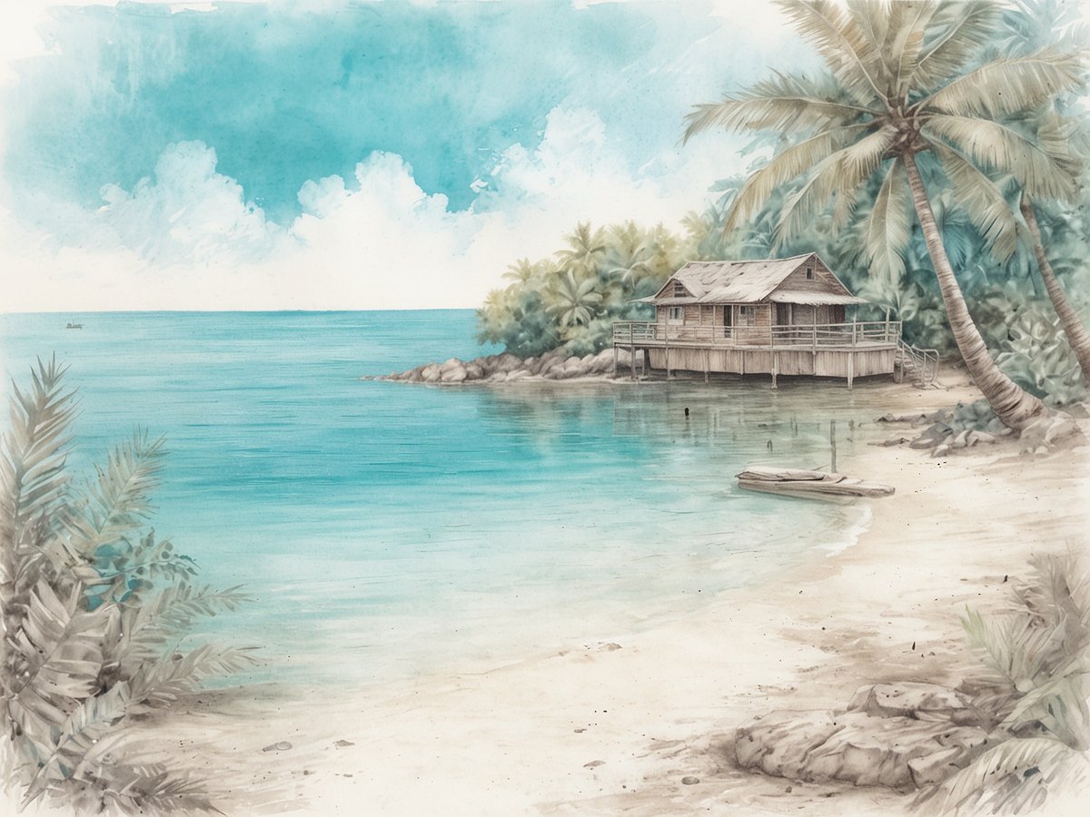 Trauminsel mit türkisblauem Wasser und bunten Korallenriffen. Im Vordergrund erstreckt sich ein sanfter Sandstrand, umgeben von üppigen tropischen Pflanzen. Eine idyllische Holzhütte auf Stelzen steht am Ufer, dahinter erheben sich grüne Palmen. Die ruhige Wasseroberfläche reflektiert den klaren Himmel mit wenigen, sanften Wolken, während im Hintergrund eine kleine Boot zu sehen ist, die friedlich auf dem Wasser schaukelt.