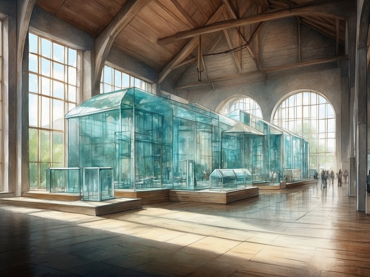 Im Glasmuseum Zwiesel ist ein heller Raum mit großen Fenstern zu sehen, durch die Sonnenlicht strömt. In der Mitte des Raumes stehen mehrere große gläserne Vitrinen in unterschiedlichen Formen, die kunstvolle Glaskunstwerke präsentieren. Der Boden ist aus warmen Holzplanken und es sind einige Personen im Hintergrund zu erkennen, die sich die Exponate anschauen. Das Licht schafft eine einladende und inspirierende Atmosphäre im Museum.