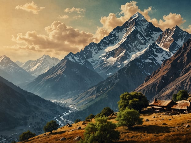 Nepal ist ein Land voller atemberaubender Wunder, das für seine majestätischen Berge, reiche Kultur und unberührte Natur bekannt ist. 

Auf dem Bild sind beeindruckende Berglandschaften zu sehen, die von schneebedeckten Gipfeln dominiert werden. Die Felsen und Täler sind in warmen Farben gehalten, während sich ein sanfter Fluss durch die Landschaft schlängelt. Im Vordergrund befinden sich einige Holzhäuser und grüne Bäume, die die idyllische Szenerie abrunden. Das Bild vermittelt ein Gefühl von Ruhe und Erhabenheit, typisch für die atemberaubende Natur Nepals.