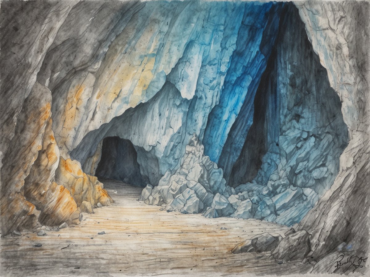 Ein majestätischer Höhleneingang mit steilen, felsigen Wänden, die in verschiedenen Grautönen und blauen Tönen schimmern. Der Boden der Höhle ist mit losem Gestein und Erde bedeckt, während im Hintergrund eine tiefe, dunkle Öffnung sichtbar wird, die den Eingang zu einem geheimnisvollen Tunnel darstellt. Weiches Licht fällt auf einige der Felsformationen und hebt die natürliche Textur der Steinoberflächen hervor. Diese Szenerie vermittelt ein Gefühl von Abenteuer und Entdeckung in der Blue Creek Cave.