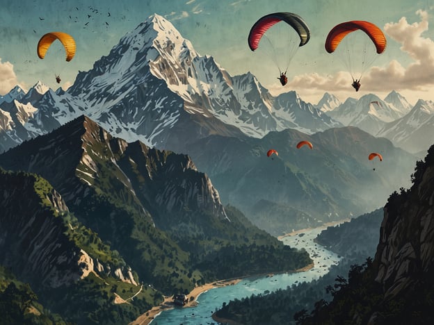 Auf dem Bild sind Paragleiter zu sehen, die über eine beeindruckende Berglandschaft fliegen. Diese Aktivität ist eine beliebte Abenteueraktivität in Nepal, besonders in Regionen wie Pokhara, wo die atemberaubenden Ausblicke auf die Himalaya-Gebirge und die Seen den Paragliding-Flug unvergesslich machen. Die Landschaft zeigt hohe Berge, grüne Hügel und einen Fluss, der durch das Tal fließt, was die Schönheit der Natur in Nepal unterstreicht.