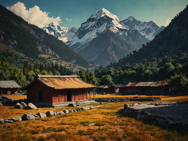 Auf dem Bild sind malerische Berge und traditionelle Gebäude zu sehen, die eine Szene der Himalaya-Region widerspiegeln, die an Nepal erinnert.

**Reisetipps für Nepal:**

1. **Trekking:** Nepal ist bekannt für seine atemberaubenden Trekkingrouten. Beliebte Strecken sind das Annapurna Base Camp und der Everest Base Camp Trek. Achte darauf, gut vorbereitet zu sein und die Akklimatisierung ernst zu nehmen.

2. **Kultur erleben:** Besuche die verschiedenen Tempel und Stupas, wie den Swayambhunath (Affentempel) in Kathmandu, um mehr über die reiche Kultur und Religion Nepals zu erfahren.

3. **Beste Reisezeit:** Die beste Zeit für einen Besuch sind die Monate März bis Mai und September bis November, wenn das Wetter stabil ist und die Aussicht auf die Berge klarer ist.

4. **Essen:** Probiere traditionelle nepalesische Gerichte wie Dal Bhat und Momos. Diese sind nicht nur köstlich, sondern auch eine großartige Möglichkeit, die lokale Kultur kennenzulernen.

5. **Lokale Transportmittel:** Nutze lokale Busse und Taxis, um die Städte zu erkunden. In ländlichen Gebieten kann es jedoch hilfreich sein, auch auf Trekking oder Fahrräder umzusteigen.

Mit diesen Tipps kannst du das Beste aus deiner Reise nach Nepal machen!