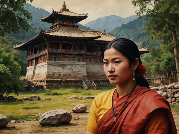 Auf dem Bild ist eine Frau in traditioneller bhutanischer Tracht zu sehen, die eine rot-orangene Kleidung trägt. Ihre Kleidung und die Accessoires spiegeln die kulturellen Werte Bhutans wider, wo Tradition und Spiritualität eine zentrale Rolle spielen. Im Hintergrund steht ein typisches bhutanisches Gebäude, möglicherweise ein Kloster oder eine Dzong, das oft in malerischer Umgebung errichtet ist.

In Bhutan hat die Kultur tiefe Wurzeln in der buddhistischen Religion, was sich in der Architektur, den Ritualen und dem Lebensstil der Menschen zeigt. Die Frau könnte an einem geschäftigen Tag im Dorf oder während einer kulturellen Feier fotografiert worden sein. Die Verwendung von Farben und die natürliche Umgebung in Kombination mit der Architektur werden oft in der bhutanischen Kultur geschätzt, und sie repräsentieren eine harmonische Verbindung zwischen Mensch und Natur.