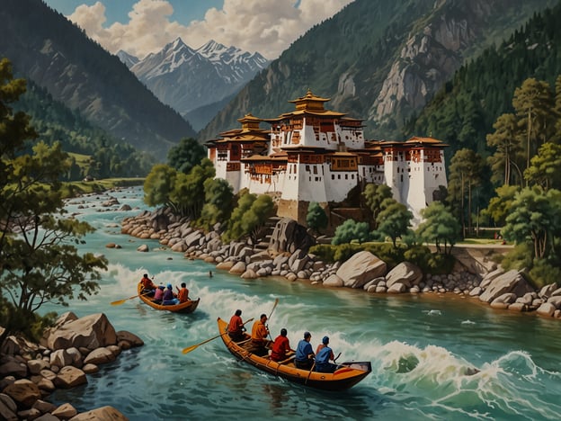 Auf dem Bild sieht man eine malerische Landschaft in Bhutan mit einem beeindruckenden Kloster im Hintergrund, umgeben von majestätischen Bergen. Im Vordergrund sind mehrere Kanus zu sehen, die einen aufregenden Flussabenteuer unternehmen. 

Diese Szene könnte die Aktivitäten des Wildwasser-Raftings darstellen, das in Bhutan sehr beliebt ist, besonders in den klaren, lebhaften Flüssen des Landes. Abenteurer können hier nicht nur die beeindruckende Landschaft genießen, sondern auch die kulturellen Schätze Bhutan, wie die Klöster und Tempel, erkunden, die oft an den Berghängen liegen. Neben Rafting könnten auch Wanderungen und Trekkingtouren durch die atemberaubenden Täler eine wichtige Rolle bei einem Abenteuer in Bhutan spielen.