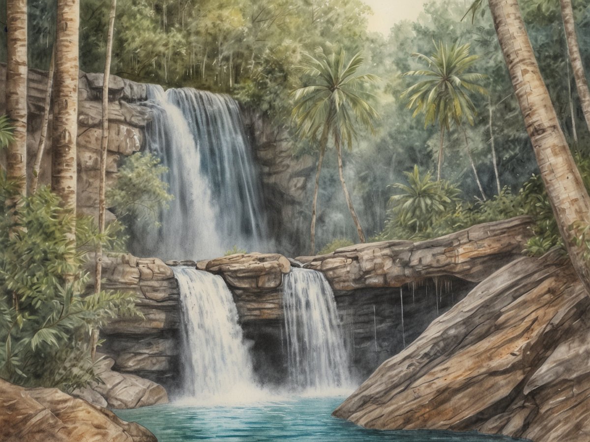 Zwei majestätische Wasserfälle plätschern sanft in einen klaren, tropischen etwas türkisfarbenen Pool. Umgeben von üppigem Grün ragen hohe Palmen und dichte Vegetation aus dem Boden. Der Felsen im Vordergrund ist glatt und von Wasser gezeichnet, während die Wasserfälle in den Hintergrund fließen, wo der Wald dicht und lebendig wirkt. Die Lichtverhältnisse sind sanft und verleihen der Szenerie eine friedliche Atmosphäre.