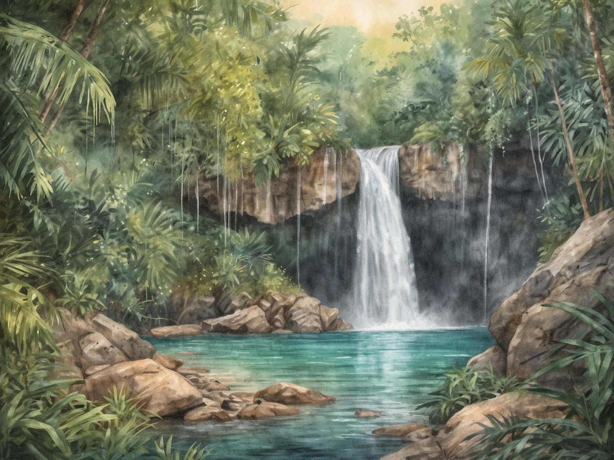 Erfrischendes Wasserfall-Erlebnis mitten im Dschungel, mit einem beeindruckenden Wasserfall, der sanft über eine Felswand in ein klarblaues Gewässer plätschert. Umgeben von üppigem Grün, tropischen Pflanzen und Bäumen, die eine ruhige, friedliche Atmosphäre schaffen. Steine und Felsen sind am Ufer verteilt, und das Licht strömt sanft durch die Baumkronen, während die Wasseroberfläche von sanften Wellen durchzogen wird.