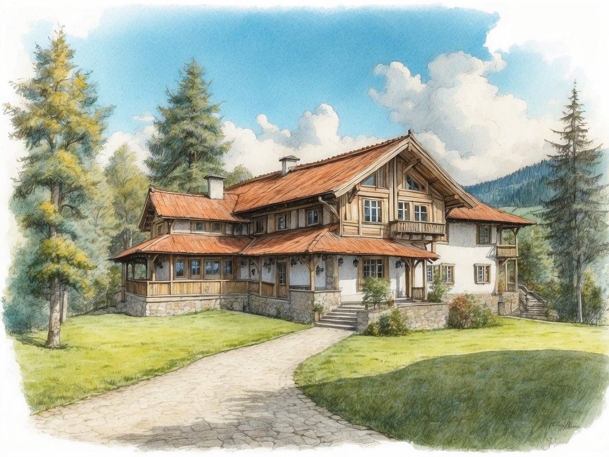 Das Bild zeigt das Waldmuseum Waldkirchen, ein traditionelles und wohnliches Gebäude im bayerischen Stil. Die Architektur ist geprägt von Holzelementen, einem roten Satteldach und großen Fenstern. Das Museum ist von einem gepflegten Garten umgeben, der mit Grünflächen und kleinen Bäumen gestaltet ist. Ein geschwungener Weg führt zur Eingangstür des Gebäudes, während im Hintergrund sanfte Hügel und Bäume sichtbar sind. Der Himmel ist blau mit einigen Wolken, die eine freundliche Atmosphäre schaffen.