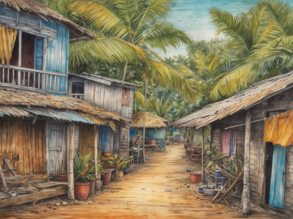 Ein malerisches Dorf an der Küste von Belize, geprägt von der lebendigen Garifuna-Kultur. Die Szene zeigt eine schmale, sandige Straße, gesäumt von traditionellen Holzvillen, die mit bunten Fensterläden und Strohdächern ausgestattet sind. Palmen und üppige Vegetation umgeben die Häuser und verleihen der Umgebung ein tropisches Flair. Einige Töpfe mit Pflanzen stehen vor den Häusern, und Wäsche wird auf einer Leine zum Trocknen aufgehängt. Die entspannte Atmosphäre spiegelt den Lebensstil der Garifuna-Gemeinschaft wider.
