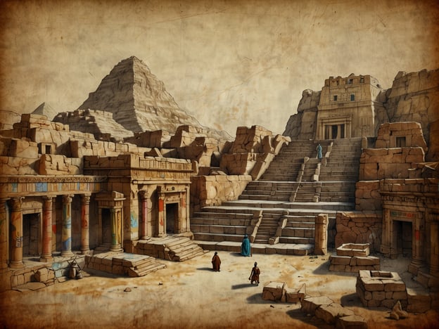 Auf dem Bild ist eine antike Stadtlandschaft zu sehen, die möglicherweise von der Architektur des alten Ägyptens inspiriert ist, während die Umgebung die weiten, offenen Wüstenlandschaften Syriens im Zeitalter der Reiche widerspiegelt. Die monumentalen Strukturen, wie Tempel und Treppen, deuten auf religiöse oder kulturelle Bedeutung hin. Diese Bauwerke könnten Teil einer bedeutenden Handelsroute oder eines kulturellen Zentrums gewesen sein, das verschiedene Völker und Zivilisationen zusammenbrachte, ähnliche wie es in Syrien in dieser historischen Zeit der Fall war. Die Darstellung erinnert an die beeindruckenden Baustile und die komplexe Gesellschaft, die in dieser Region vor tausenden von Jahren existierten.