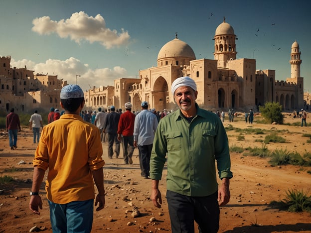 Auf dem Bild sind mehrere Menschen zu sehen, die in Richtung einer beeindruckenden architektonischen Struktur mit Kuppeln und Minaretten gehen. Die Szene vermittelt eine lebendige Atmosphäre und zeigt möglicherweise eine kulturelle oder religiöse Versammlung. Die Menschen sind unterschiedlich gekleidet, was auf eine diverse Gruppe hinweist. Dieses Bild könnte symbolisch für den Wandel und den Wiederaufbau in Syrien stehen, wo trotz Herausforderungen das Leben weitergeht und Gemeinschaften sich versammeln, um ihre Kultur und Traditionen zu pflegen.