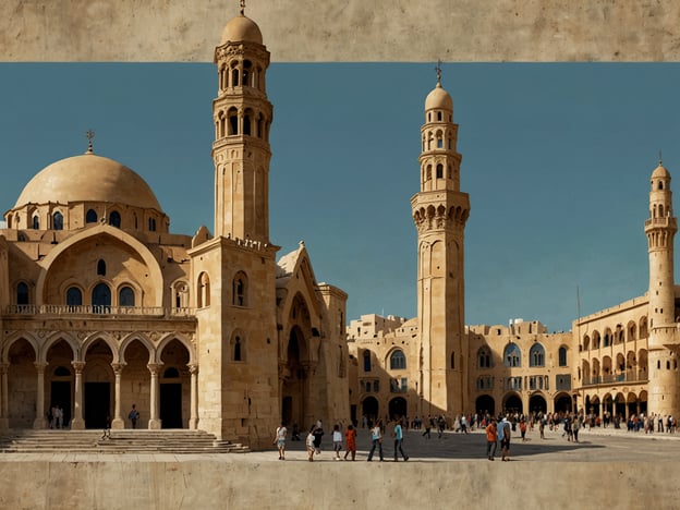 Auf dem Bild ist eine historische Architektur mit großen Bögen und Türmen zu sehen, die an die Baustile in Städten wie Aleppo in Syrien oder Beirut im Libanon erinnert. Die Bauweise mit den charakteristischen Minaretten und der großen Kuppel könnte auf eine Moschee oder eine Kirche hindeuten, die Teil einer alten Stadt mit reicher Geschichte und Kultur ist. Solche Sehenswürdigkeiten sind oft zentrale Orte in diesen Städten, die Besucher anziehen.