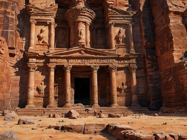 Auf dem Bild ist Petra, das antike Wunder, zu sehen. Es zeigt eine beeindruckende, in die Felsen geschlagene Fassade mit Säulen und Skulpturen. Die Umgebung ist von rötlichem Sandstein geprägt, was die majestätische Architektur noch hervorhebt. Petra ist ein bedeutendes archäologisches UNESCO-Weltkulturerbe in Jordanien.