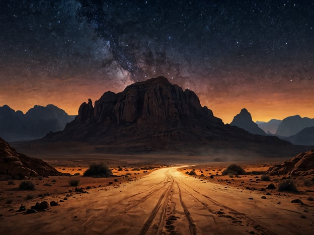 Auf dem Bild ist eine beeindruckende Landschaft der Wüste Wadi Rum zu sehen. Die Szene zeigt eine kurvenreiche Sandstraße, die durch die goldene Wüste führt, umgeben von majestätischen Felsformationen. Über der Landschaft funkeln unzählige Sterne im Nachthimmel, während der Horizont in sanften Rottönen erleuchtet wird. Diese Kulisse vermittelt ein Gefühl von Abenteuer und Unberührtheit in der Natur, charakteristisch für die Wadi Rum-Region.