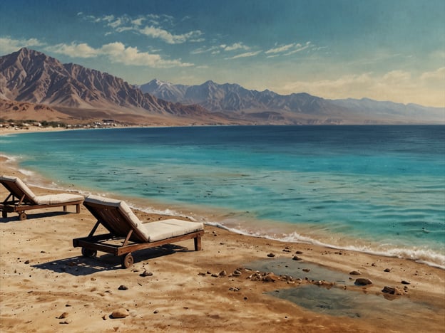 Auf dem Bild ist eine wunderschöne Szene des Toten Meeres zu sehen. Die sanften Wellen schlagen sanft ans Ufer, während sich die prachtvollen Berge im Hintergrund erheben. Zwei Liegen stehen am Strand bereit, perfekt zum Entspannen und Genießen der ruhigen Umgebung. Die klare, türkisfarbene Wasseroberfläche lädt dazu ein, sich in die heilenden und entspannenden Eigenschaften des Toten Meeres zu vertiefen, das für seine Wellness und Entspannung bekannt ist. Ideal für einen Tag der Erholung!