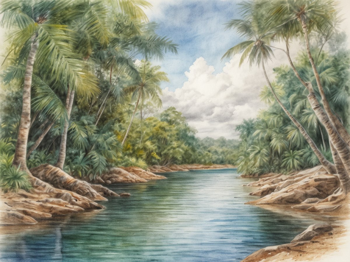 Eine malerische Aussicht auf den Belize River zeigt einen ruhigen Wasserlauf, umgeben von üppiger tropischer Vegetation. Hohe Palmen und dichte grüne Büsche säumen das Ufer, während sanfte Felsen die Bank gestalten. Der Himmel ist blau mit einigen weißen Wolken, die über die Kulisse ziehen. Die Szenerie strahlt eine friedliche und natürliche Atmosphäre aus, die zur Erkundung der Landschaft einlädt.