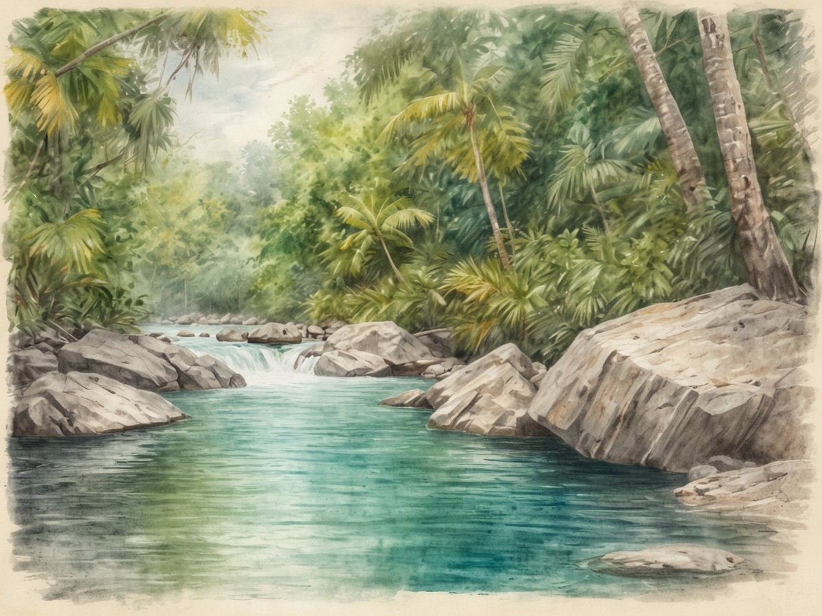 Ein ruhiger Fluss fließt durch eine üppige, grüne Landschaft, umgeben von hohen, tropischen Pflanzen und Bäumen. Die klaren, blauen Wasserstellen spiegeln die umgebende Natur wider, während einige kleine Felsen im Wasser liegen. In der Ferne fallen sanfte Wasserfälle in den Fluss, und die gesamte Szene vermittelt ein Gefühl von Frieden und Abgeschiedenheit, ideal für Kajakfahren und Naturerlebnisse in einem ruhigen Paradies.