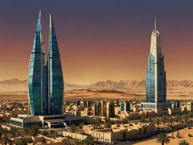 Auf dem Bild sind moderne Wolkenkratzer zu sehen, die typisch für das zeitgenössische Saudi-Arabien sind. Die Architektur ist stilvoll und futuristisch, mit gläsernen Fassaden und markanten Formen. Im Hintergrund sind Wüstenlandschaften und Berge zu erkennen, die die Umgebung dieser urbanen Struktur betonen. Diese Gebäude sind Teil eines sich schnell entwickelnden urbanen Raums, der Fortschritt und Modernität in Saudi-Arabien symbolisiert.