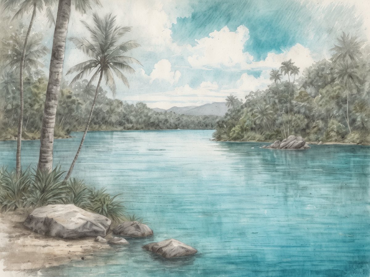 Tiefblaues Wasser schimmert in einem ruhigen See, umgeben von üppigem, grünem Wald und hohen Palmen. Sanfte Wellen bilden sich an einem steinigen Ufer, wo einige größere Felsen im flachen Wasser liegen. Der Himmel ist mit wenigen Wolken durchzogen und das Licht schafft eine friedliche, fast traumartige Atmosphäre. Die Landschaft strahlt eine natürliche Schönheit und Ruhe aus, die typisch für den Five Blues Lake Nationalpark ist.