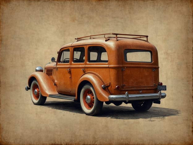 Auf dem Bild ist ein historisches Auto zu sehen, das in einem nostalgischen Stil dargestellt ist. Die orangefarbene Karosserie und das klassisch gestaltete Design erinnern an eine vergangene Ära, in der Autos oft handgefertigt und weniger technisch komplex waren. 

Dieses Fahrzeug symbolisiert Tradition und Kulturerbe, indem es nicht nur eine technische Errungenschaft, sondern auch einen Teil der gesellschaftlichen Geschichte darstellt. Autos wie dieses waren in der ersten Hälfte des 20. Jahrhunderts oft ein Zeichen von Fortschritt und Mobilität. Sie ermöglichten den Menschen Reisen und Ausflüge, die zuvor unvorstellbar waren, und trugen zur Entwicklung der modernen Gesellschaft bei.

Der Blick auf solche Oldtimer gibt uns Einblicke in die vergangene Zeit und lässt uns die Ästhetik und Ingenieurskunst vergangener Jahrzehnte schätzen.