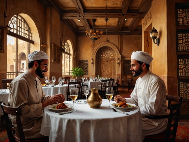 Auf dem Bild ist ein elegantes Restaurant zu sehen, das eine harmonische Fusion von Luxus und Tradition verkörpert. Zwei Männer, gekleidet in traditionelle Gewänder, sitzen an einem Tisch, der mit feinem Geschirr und Gläsern gedeckt ist. Der Raum strahlt eine warme Atmosphäre aus, geprägt von stilvollen architektonischen Elementen und einer geschmackvollen Einrichtung.

Die kulinarischen Höhepunkte stehen im Mittelpunkt: Die Speisen wirken ansprechend präsentiert, und es scheint, dass die beiden Herren das Essen in vollen Zügen genießen. Das Zusammenspiel von exquisite Küche und traditioneller Gastfreundschaft bietet ein einzigartiges Erlebnis, das nicht nur den Gaumen, sondern auch die Sinne anspricht.