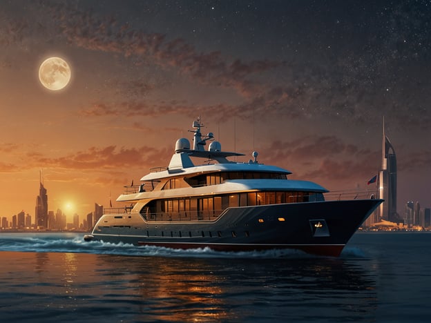 Auf dem Bild ist eine luxuriöse Yacht zu sehen, die sanft über das Wasser gleitet. Der Anblick des Sonnenuntergangs und des aufgehenden Mondes im Hintergrund schafft eine traumhafte Atmosphäre. Man könnte sich Aktivitäten wie ein romantisches Abendessen auf dem Deck vorstellen, Segeltörns entlang der Küste oder entspannende Momente in einem Jacuzzi, während die Stadtlichter auf der Skyline funkeln. Solch ein Erlebnis bietet die Möglichkeit, den Luxus aktiv zu genießen, sei es durch Wassersportarten wie Schnorcheln oder Kajakfahren oder einfach durch das Entspannen und die Schönheit der Umgebung zu genießen.