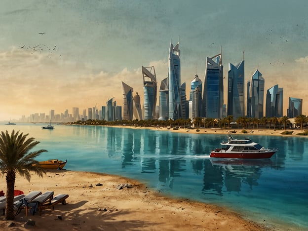 **Bahrain entdecken.** Auf dem Bild ist eine malerische Küstenansicht von Bahrain zu sehen. Im Vordergrund befinden sich eine entspannte Strandlandschaft mit Liegen und Palmen, während im Wasser ein kleines Boot fährt. Der Hintergrund wird von einer modernen Skyline dominiert, die mit futuristisch gestalteten Wolkenkratzern beeindruckt. Die ruhigen Gewässer reflektieren die Architektur und schaffen eine friedliche Atmosphäre. Die Szene vermittelt ein Gefühl von Urlaub und urbanem Leben in harmonischer Verbindung.