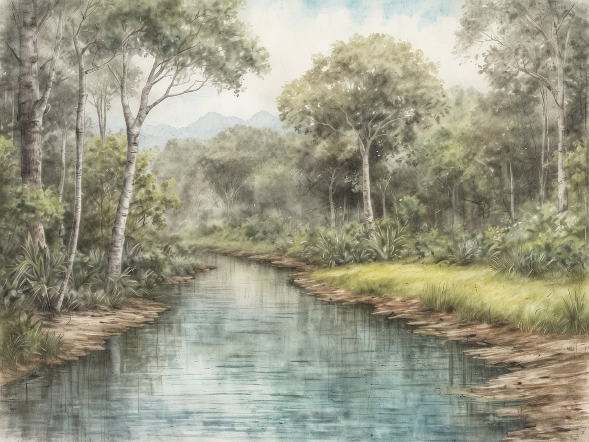Eine ruhige Flusslandschaft mit glitzertem Wasser, umgeben von üppigem, grünen Pflanzenbewuchs und hohen Bäumen. Die sanften Erhebungen im Hintergrund deuten auf eine hügelige Landschaft hin. Der Himmel ist leicht bewölkt und vermittelt eine friedliche, harmonische Atmosphäre. Diese Szene spiegelt die Schönheit und Vielfalt der Natur im Rio Bravo Conservation Area wider.