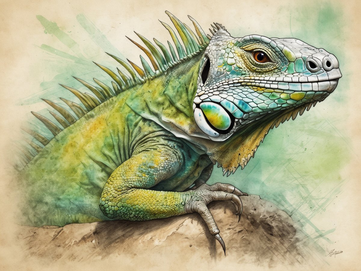 Das Bild zeigt eine detaillierte und farbenfrohe Darstellung eines grünen Leguanes. Der Leguan ist aus einer seitlichen Perspektive abgebildet, wobei sein Kopf gut sichtbar ist. Die Haut des Leguanes hat verschiedene Grüntöne mit gelben und blauen Akzenten. Besonders auffällig sind die feinen Schuppen und die spitzen Stacheln am Rücken. Der Hintergrund ist in sanften Farben gehalten, die einen harmonischen Kontrast zu den lebendigen Farben des Leguanes bieten.