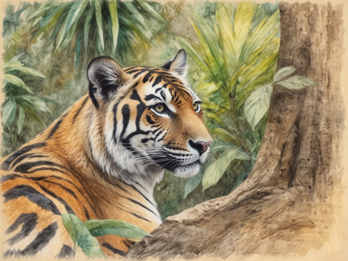 Ein majestätischer Tiger sitzt im Dschungel und ist von üppigem, grünem Laub umgeben. Seine markanten orangefarbenen und schwarzen Streifen heben sich deutlich ab, während er aufmerksam und stolz in die Ferne schaut. Im Hintergrund sind sanfte, verschwommene Pflanzen und Bäume zu sehen, die eine natürliche und lebendige Umgebung schaffen. Der Tiger scheint in seiner heimischen Umgebung zu ruhen und zieht die Aufmerksamkeit auf sich durch seine kraftvolle Präsenz und sein eindrucksvolles Aussehen. Diese Darstellung vermittelt ein Gefühl von Erhabenheit und Verbindung zur Natur, das Besucher im Belize Zoo erleben können.