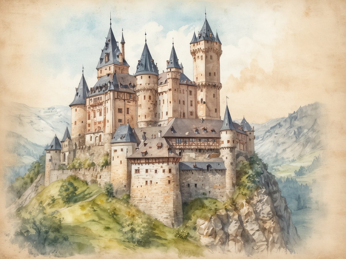 Das Bild zeigt eine majestätische Burg, die auf einem felsigen Hügel thront. Die Architektur ist beeindruckend mit zahlreichen Türmen und Zinnen, die mit spitzen Dächern versehen sind. Die Burg ist aus Stein erbaut und weist sowohl mittelalterliche als auch romantische Elemente auf. Umgeben von einer malerischen Landschaft mit sanften Hügeln und Bergen im Hintergrund, vermittelt das Bild eine märchenhafte Atmosphäre. Die sanften Farben und die detailreiche Darstellung der Fassade unterstreichen die historische Pracht der Burg.