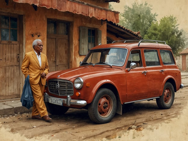 Auf dem Bild ist ein älterer Mann in einem gelben Anzug zu sehen, der an einem vintage-roten Auto steht. Die Umgebung wirkt ländlich und nostalgisch, mit alten Gebäuden und einer ungepflegten Straße. Dieses Bild kann als Ausdruck kulturellen Erbes betrachtet werden, da sowohl die Kleidung als auch das Auto Elemente aus einer vergangenen Zeit repräsentieren, die Erinnerungen und Identität hervorrufen. Der Anzug könnte auf eine bestimmte Zeit- und Sozialkultur hinweisen, während das Auto ein Symbol für Mobilität und Fortschritt in einer bestimmten Epoche sein könnte. Zusammen reflektieren sie, wie materielle Objekte und Mode Teil unserer kulturellen Identität sind und Geschichten über die Vergangenheit erzählen.