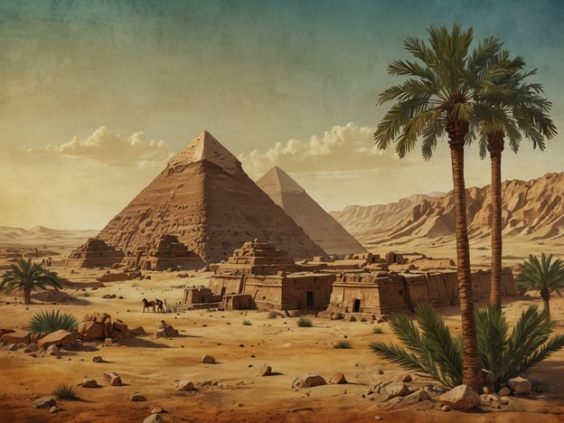 Auf dem Bild sind die majestätischen Pyramiden von Ägypten zu sehen, umgeben von einer weiten Wüstenlandschaft. Die Pyramiden, die als letzte Ruhestätten für Pharaonen dienten, sind beeindruckende Bauwerke, die von der hochentwickelten Architektur und dem tiefen Glauben der alten Ägypter zeugen. Im Vordergrund sieht man einige Palmen und Steine, während im Hintergrund die sanften Hügel der Wüste die Szene abrunden. Diese Landschaft ist nicht nur ein Zeugnis der Vergangenheit, sondern auch ein Ort voller Geheimnisse und verborgener Schätze, die auf ihre Entdeckung warten.