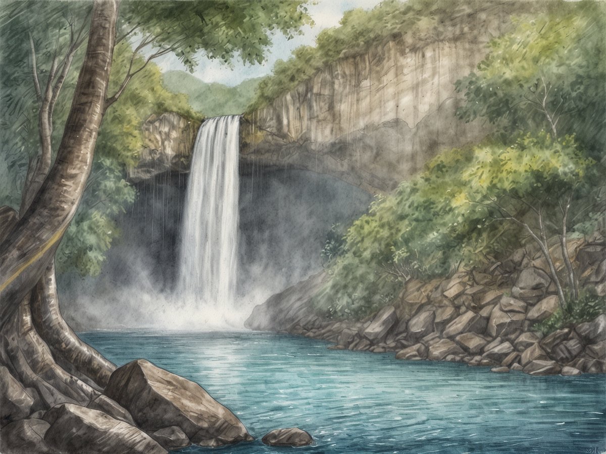 La Fortuna Wasserfall zeigt eine beeindruckende Wasserfalllandschaft, in der das Wasser spektakulär in einen klaren, turquoisefarbenen Pool stürzt. Umgeben von üppigem grünem Laub und Bäumen, schafft der Wasserfall eine idyllische, friedliche Atmosphäre. Große Steine liegen am Ufer des Wassers, während feiner Sprühnebel sichtbar ist, der von der herabfallenden Wassermasse erzeugt wird. Der Hintergrund ist von sanften Hügeln und einem teilweise bewölkten Himmel geprägt, was das Bild harmonisch und einladend erscheinen lässt.