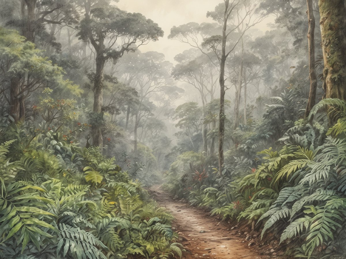 Ein malerischer Weg schlängelt sich durch den Monteverde Nebelwald, umgeben von hohen, dichten Bäumen, die in sanften Nebelschwaden verschwinden. Üppige, grüne Pflanzen und Farne säumen den Pfad, während einige blühende Pflanzen farbige Akzente setzen. Die ruhige und mystische Atmosphäre lädt zum Wandern ein, ideal für Naturfreunde und Abenteurer, die die Schönheit des Nebelwaldes erleben möchten.