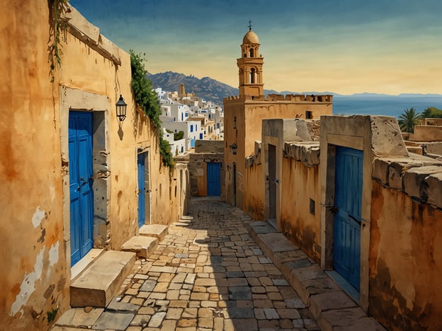 Auf dem Bild ist eine malerische Gasse mit Steinhäusern zu sehen, die wahrscheinlich in einer Stadt wie Sidi Bou Said in Tunesien aufgenommen wurde. Die typischen blauen Türen und Fenster sind ein charakteristisches Merkmal dieser Stadt, die für ihre charmante Architektur und die wunderschöne Aussicht auf das Mittelmeer bekannt ist. Die sanften Farben der Wände und die Pflastersteine verleihen der Szenerie eine historische und einladende Atmosphäre. Sidi Bou Said ist berühmt für seine künstlerische Atmosphäre und die beeindruckenden Ausblicke, die es den Besuchern bietet.