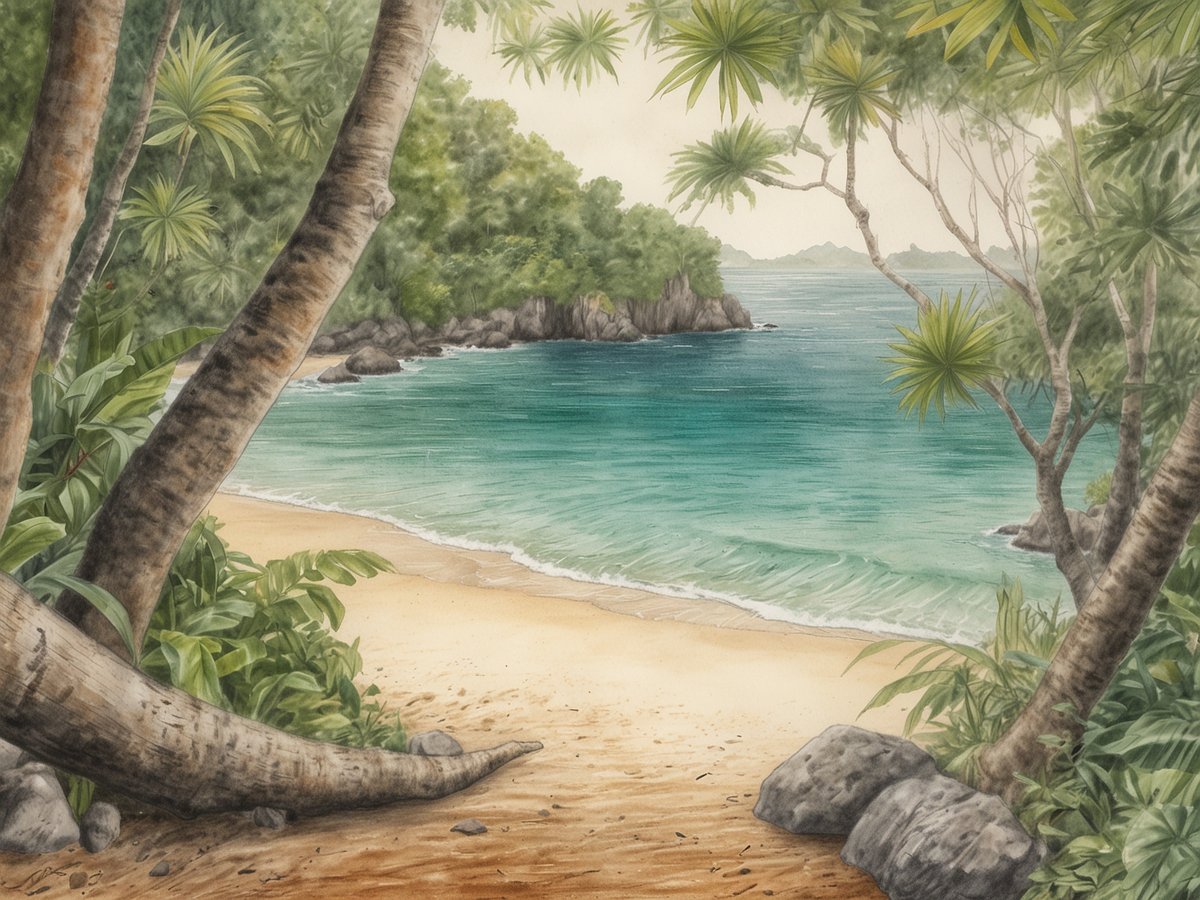 Ein idyllischer Strand des Manuel Antonio Nationalparks, umgeben von üppiger Vegetation und Palmen. Der sanfte goldene Sand schmiegt sich an das türkisfarbene Wasser, das in sanften Wellen ans Ufer plätschert. Im Hintergrund sind grüne Hügel und felsige Küstenlinien sichtbar, die das Bild einer unberührten Natur abrunden. Dieses tropische Paradies lädt zum Entdecken von Traumstränden und Dschungelpfaden ein.