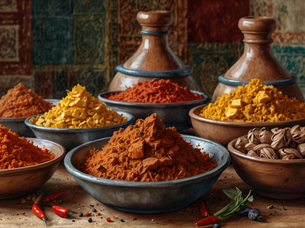 Auf dem Bild sind verschiedene Gewürze in traditionellen Schalen zu sehen, die typisch für die tunesische Küche sind. Diese Gewürze sind essenziell für viele kulinarische Höhepunkte Tunesiens, wie:

- **Harissa**: Eine scharfe Paste aus Chilischoten, die in vielen Gerichten verwendet wird.
- **Kreuzkümmel**: Oft verwendet in Tajines und anderen Fleischgerichten.
- **Koriander**: Ein wichtiges Gewürz, das den Geschmack vieler Tunesischer Speisen ergänzt.
- **Kurkuma**: Verleiht Gerichten eine goldene Farbe und einen würzigen Geschmack.
- **Zimt**: Wird in sowohl herzhaften als auch süßen Speisen verwendet.

Diese Gewürze sind nicht nur geschmacklich bedeutend, sondern auch ein Teil des kulturellen Erbes Tunesiens.