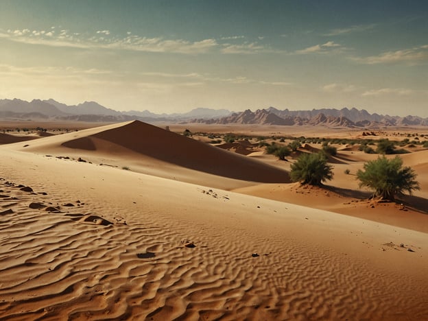 Auf dem Bild ist eine beeindruckende Landschaft der Sahara in Algerien zu sehen. Die endlosen Sanddünen erstrecken sich bis zum Horizont, wobei die sanften Wellen des Sands durch den Wind geformt wurden. In der Ferne sind die schroffen Konturen der Berge zu erkennen, die einen faszinierenden Kontrast zur glatten Sandoberfläche bilden. Einige grüne Akzente durch Sträucher und vereinzelte Pflanzen zeugen von den Lebensräumen, die in dieser rauen Umgebung existieren. Diese Szenerie verkörpert die einzigartige und vielfältige Geografie der Sahara, die nicht nur durch ihre Weite, sondern auch durch ihre ungeschliffene Schönheit besticht.