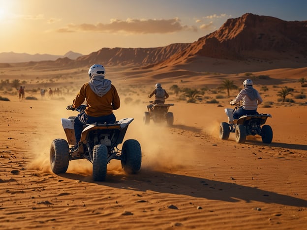 Auf dem Bild sind Menschen zu sehen, die auf Quad-Bikes durch die Sahara fahren, umgeben von beeindruckenden Sanddünen und einer malerischen Landschaft. Dies ist eine aufregende Aktivität, die viele Abenteuerlustige anzieht. In der Sahara kann man nicht nur Quadtouren unternehmen, sondern auch Kamelreiten, Sandboarding oder die beeindruckenden Sonnenuntergänge genießen. Solche Erlebnisse ermöglichen es den Besuchern, die Schönheit und Weite der Wüste hautnah zu erleben.