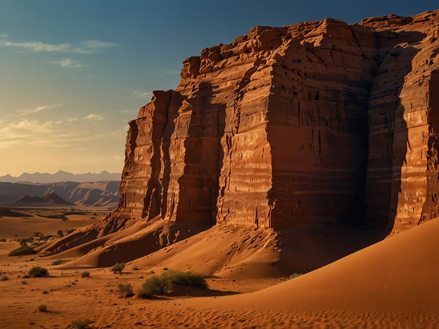 Auf dem Bild sind beeindruckende Sanddünen und majestätische Felsen in einer Wüstenlandschaft zu sehen. Diese Szenerie erinnert an Naturwunder wie die Wüste Wadi Rum in Jordanien, bekannt für ihre schroffen Felsen und einzigartigen geologischen Formationen. Die goldene Farbpalette und das Spiel von Licht und Schatten verleihen der Landschaft eine dramatische Atmosphäre, die typischerweise für viele beliebte Sehenswürdigkeiten in Wüstenregionen charakteristisch ist.