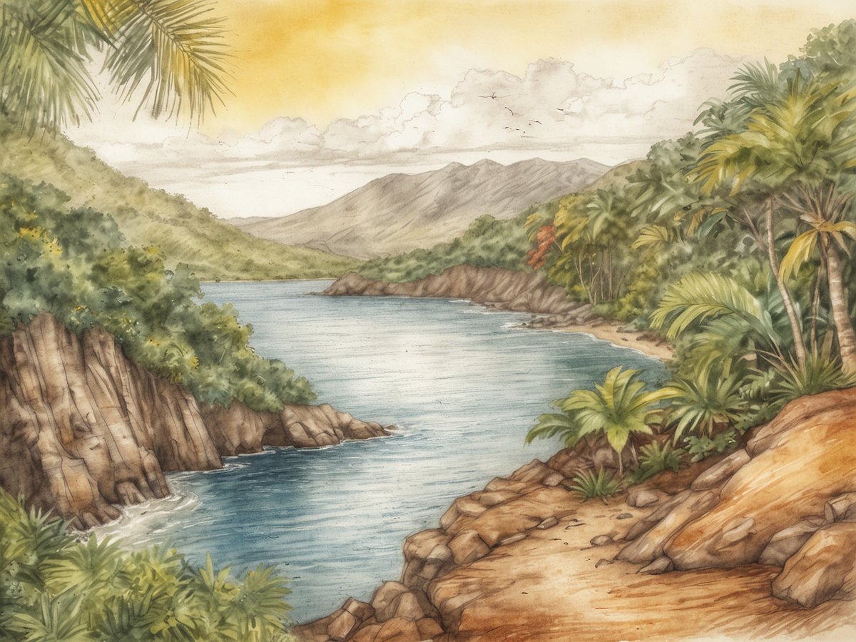 Eine malerische Küstenlandschaft in der Guanacaste Region mit einer ruhigen Bucht, umgeben von grüner Vegetation und hohen Palmen. Im Hintergrund erheben sich sanfte Hügel und Berge, während der Himmel in warmen Gelbtönen leuchtet. Der Blick führt über das glitzernde Wasser, das sanft die Ufersteine umspült. Ein idyllischer Strand lädt zum Entspannen und Genießen der Sonne ein, umgeben von der einzigartigen Vulkanlandschaft der Region.