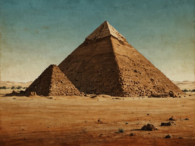 Auf dem Bild sind die Pyramiden des Sudan zu sehen. Diese antiken Strukturen, die in der Region Nubien liegen, sind weniger bekannt als die Pyramiden Ägyptens, aber ebenso beeindruckend. Im Vordergrund sieht man eine kleinere Pyramide, während im Hintergrund eine größere zu erkennen ist. Die Pyramiden sind aus Ziegeln und Stein gebaut und liegen in einer Wüstenlandschaft. Der Himmel ist klar und blau, was einen starken Kontrast zur erdigen Farbe der Pyramiden und der umliegenden Wüste bildet.