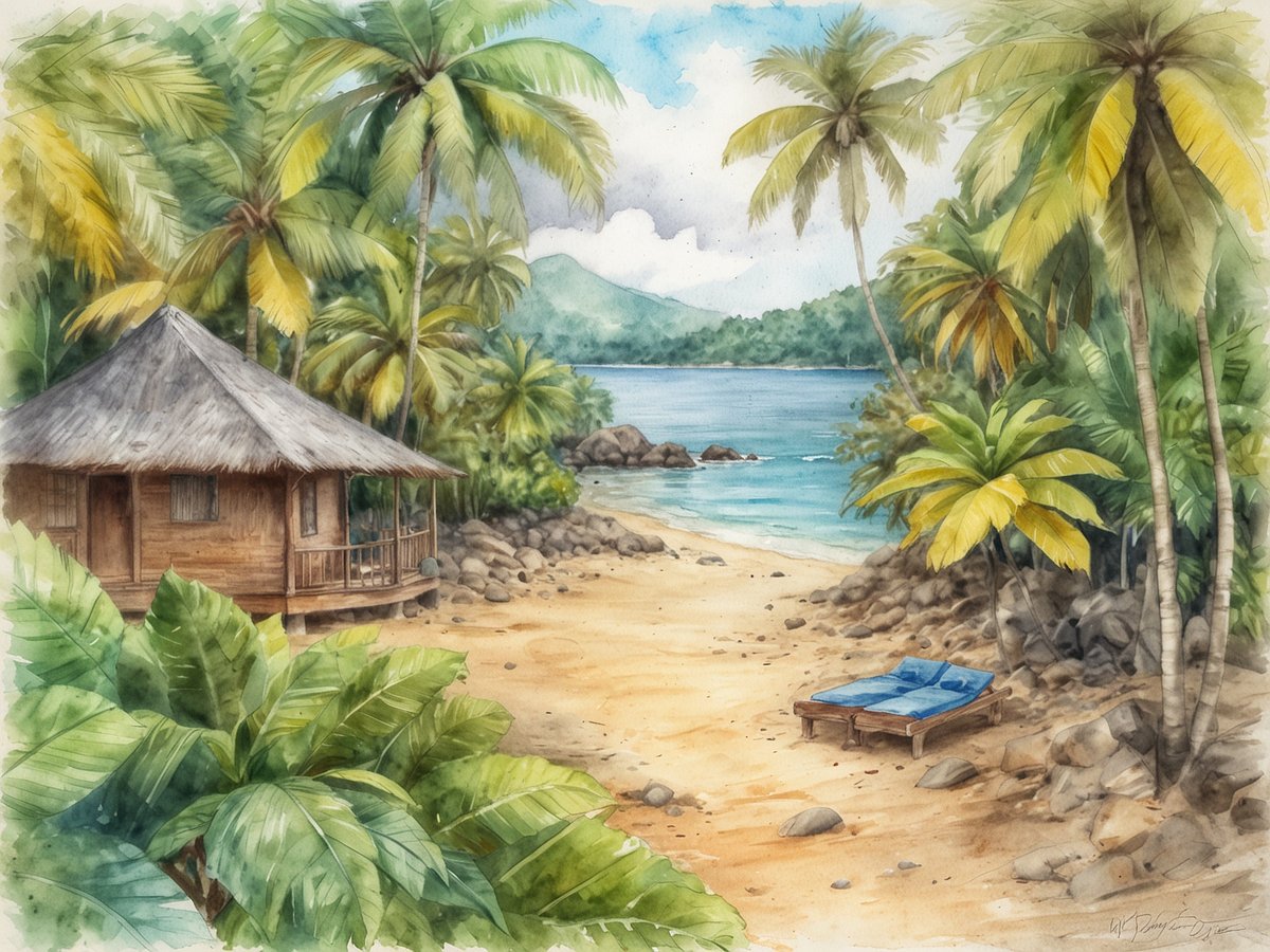 Ein idyllischer Strandabschnitt in Puerto Viejo de Talamanca ist zu sehen, umgeben von üppiger, grüner Vegetation und hohen Palmen. Im Vordergrund befindet sich eine ruhige Szenerie mit einem schlichten Holzhäuschen, das eine Veranda hat. Vor dem Haus liegt ein feinsandiger Strand, der sanft zum Wasser übergeht. In der Nähe steht eine blaue Liege auf dem Sand. Der Hintergrund zeigt eine malerische Küstenlinie mit sanften Hügeln und klarem blauem Wasser, das unter einem hellen Himmel schimmert.